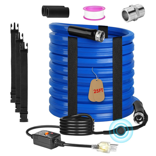 25-foot blue garden hose bundle featuring accessories including connectors, straps, and an electric controller for easy watering and garden maintenance.