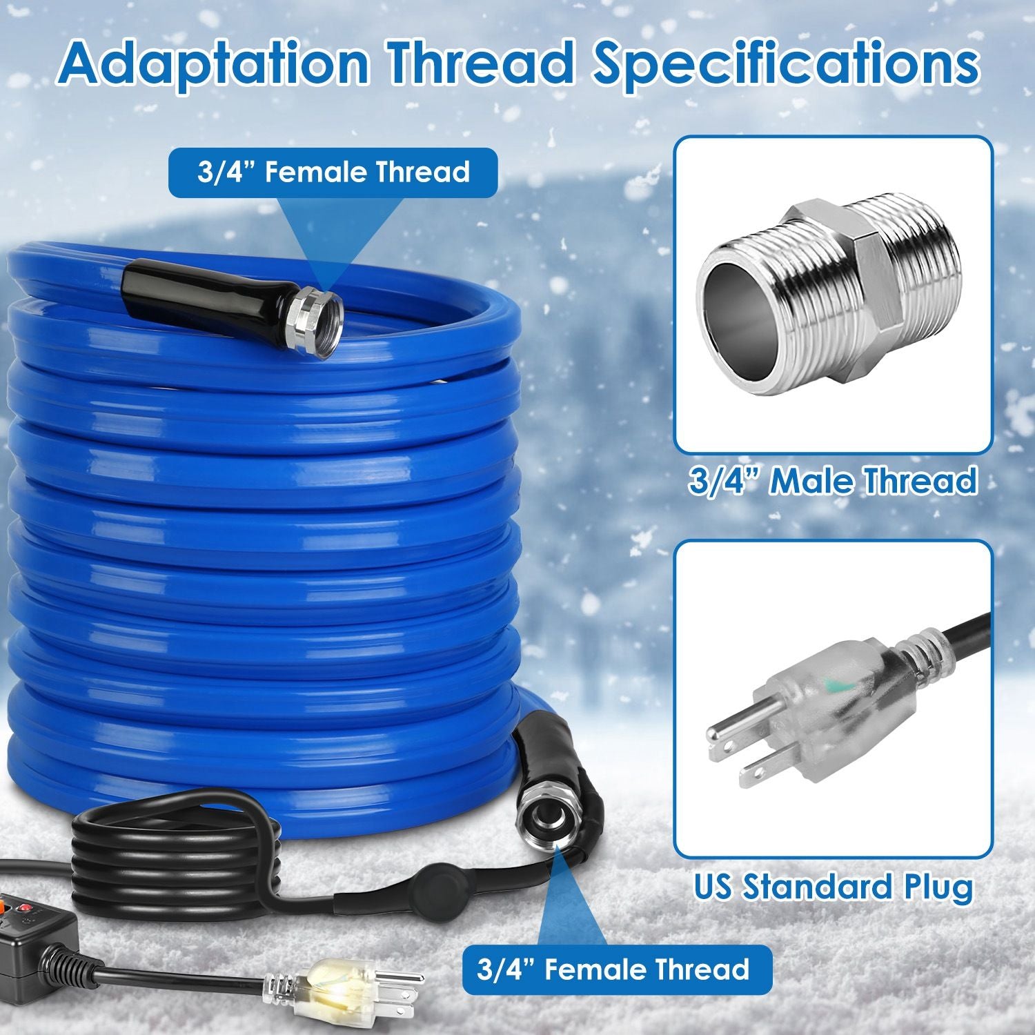 Blue heated garden hose with 3/4" female and male thread specifications, featuring a US standard plug for easy connection.