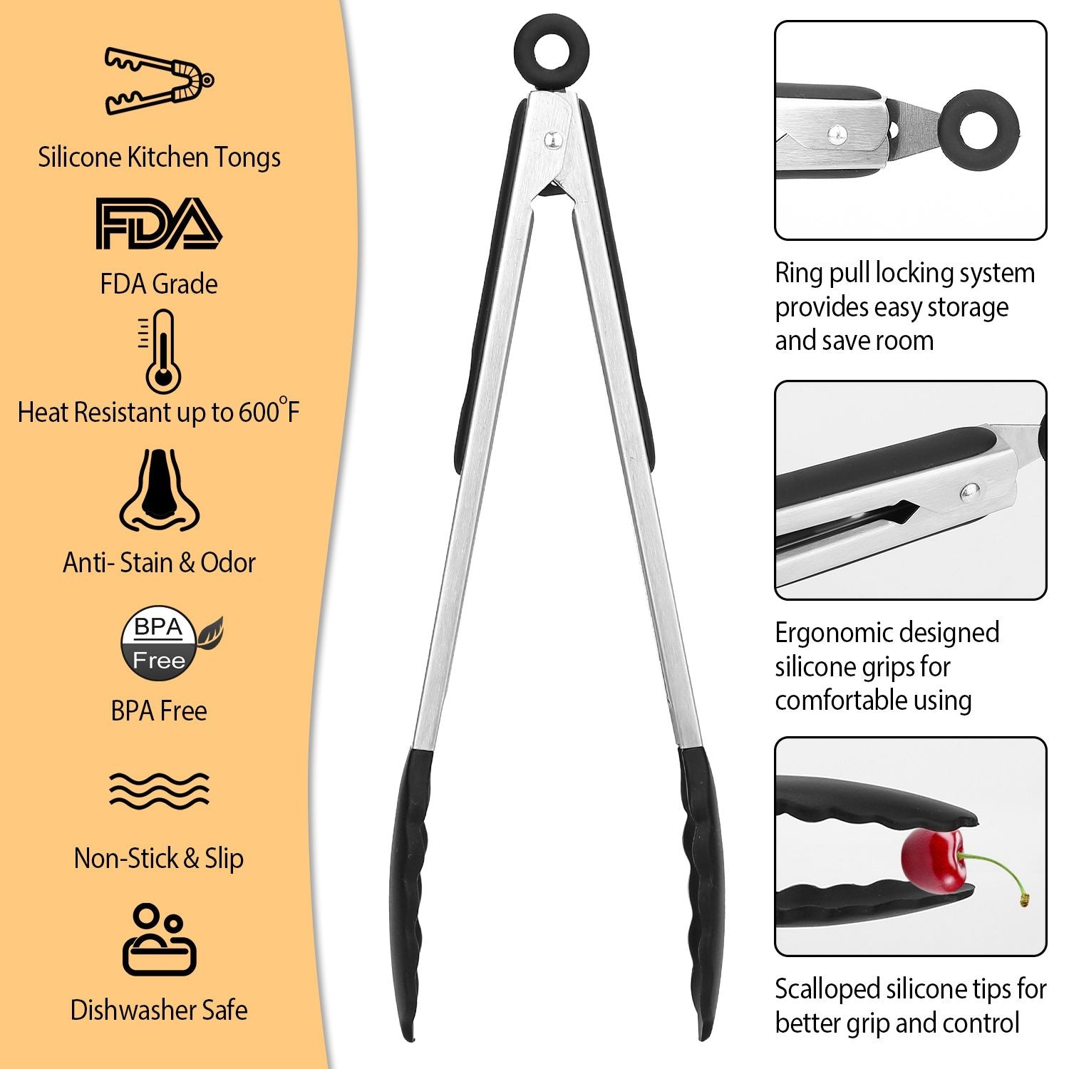 Silicone kitchen tongs with stainless steel and ergonomic silicone grips, heat resistant up to 600°F, featuring a pull-ring locking system and scalloped tips for enhanced grip, BPA-free and dishwasher safe.