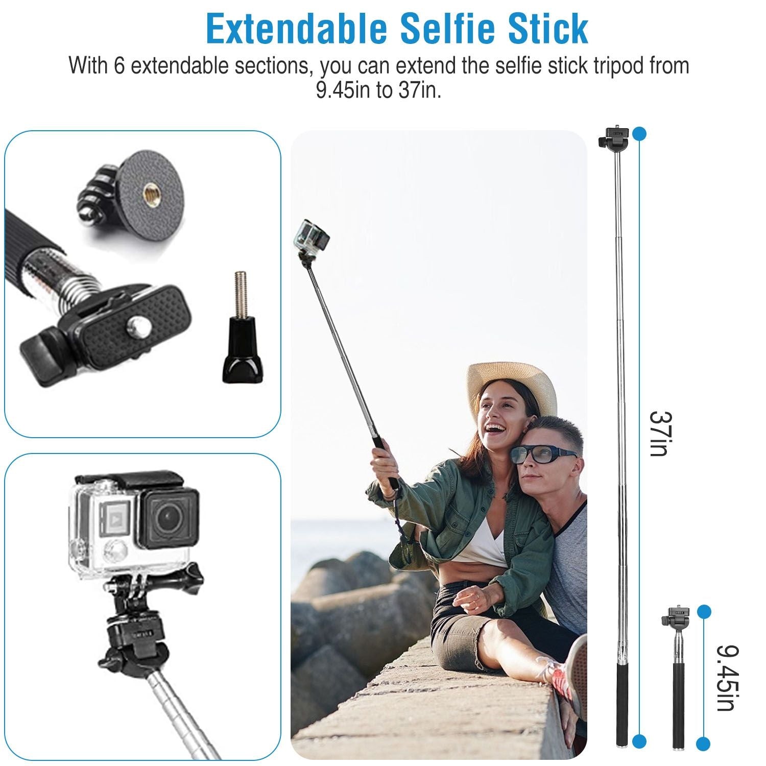 Extendable selfie stick with six sections, adjustable length between 9.45 inches and 37 inches, showcasing a couple enjoying outdoor photography, compatible with action cameras.