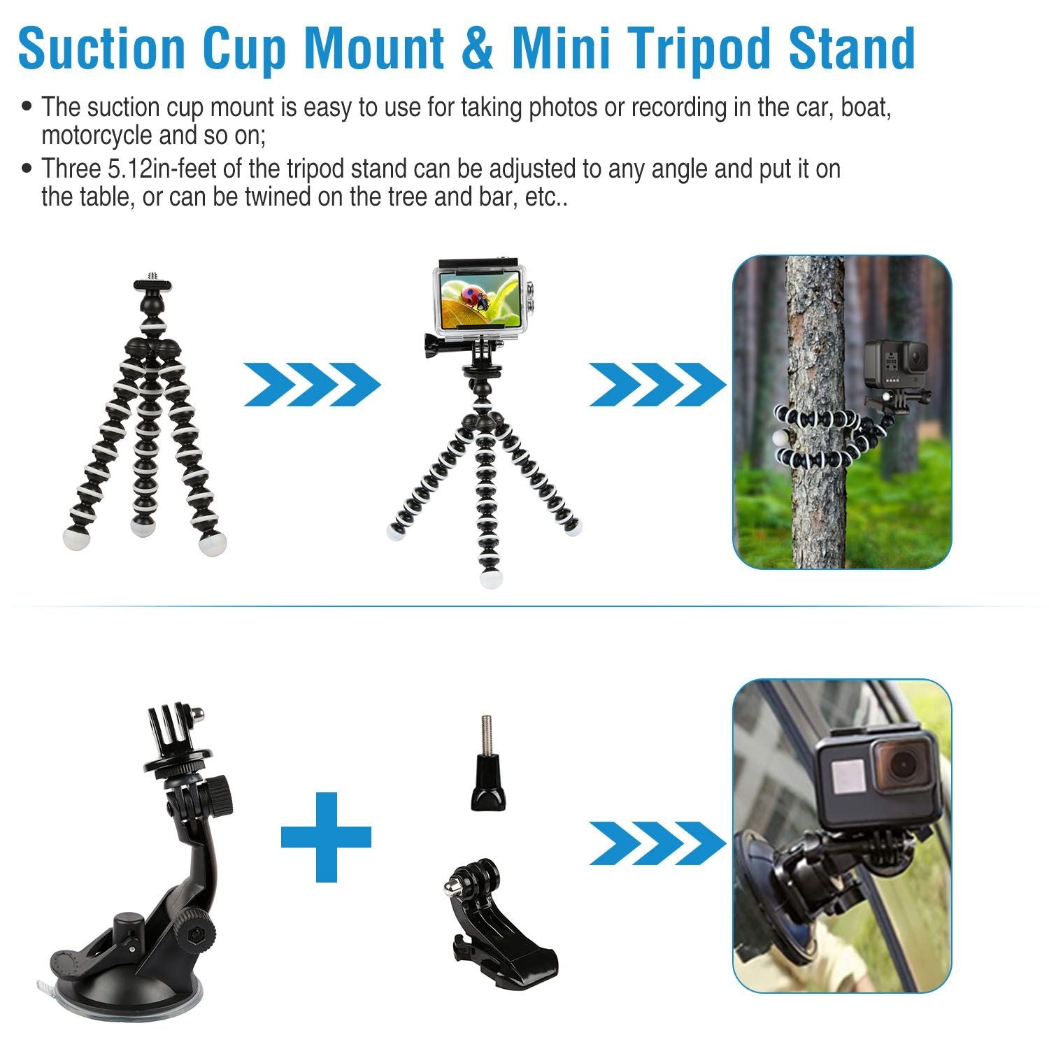 Suction cup mount and mini tripod stand for cameras, featuring adjustable legs and versatile mounting options for outdoor and indoor photography.