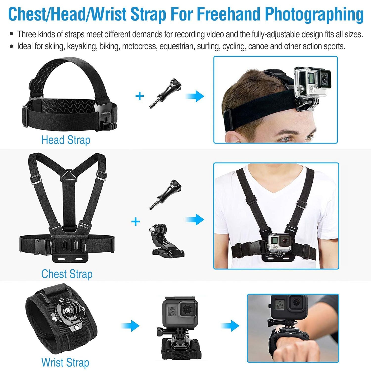 Adjustable chest, head, and wrist strap for action cameras, ideal for skiing, biking, surfing, and other sports, featuring multiple attachment options for versatile use.