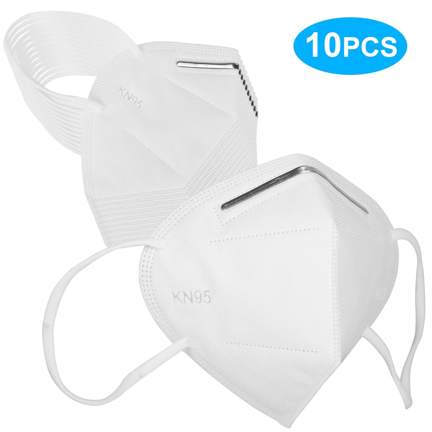 KN95 respirator masks pack of 10, featuring a secure fit and breathable white material for effective health protection against airborne particles.