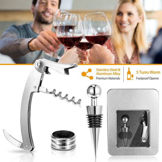 Stainless steel and aluminum alloy wine opener set with corkscrew, pourer, and stopper, perfect for wine lovers and entertaining, displayed alongside glasses of red wine.