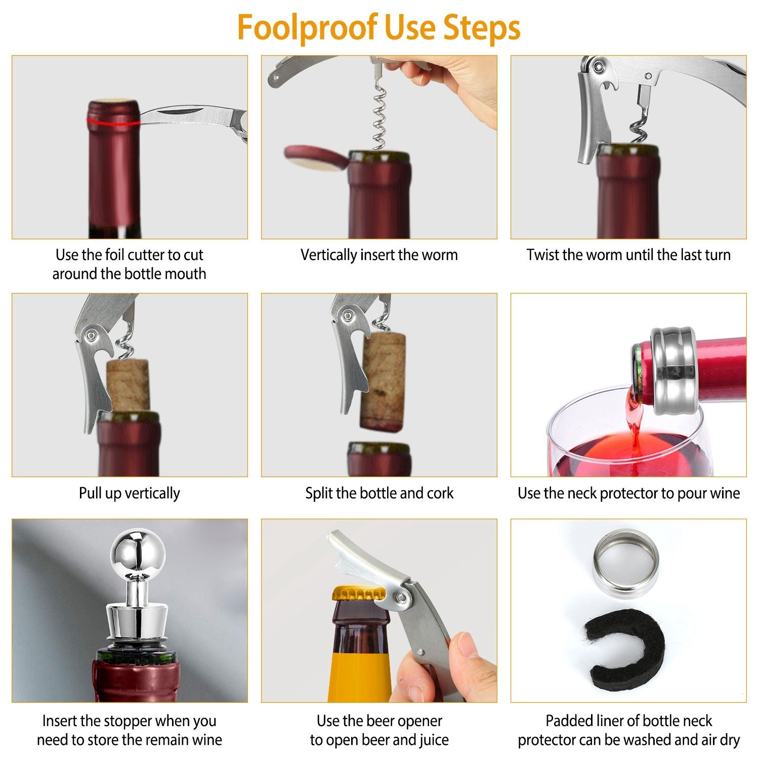 Infographic showing step-by-step instructions for using a corkscrew and wine bottle neck protector, including cutting foil, inserting corkscrew, and pouring wine.