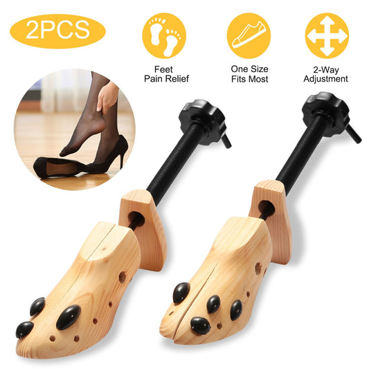 Wooden shoe stretchers for women with 2-way adjustable design, providing foot pain relief and suitable for most shoe sizes.