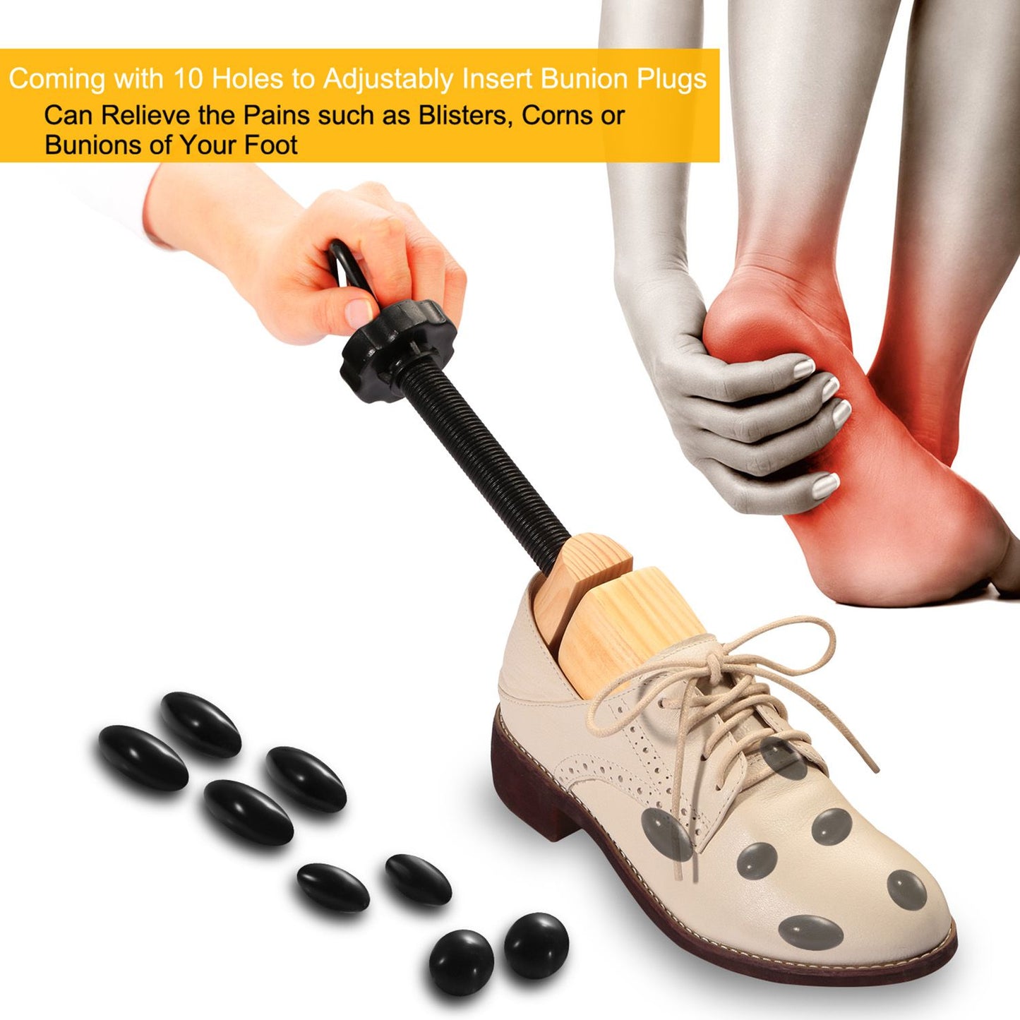 Adjustable bunion plug shoe stretcher with 10 customizable holes, designed to relieve foot pain from bunions, blisters, and corns, accompanied by several black bunion plugs and a hand demonstrating usage.