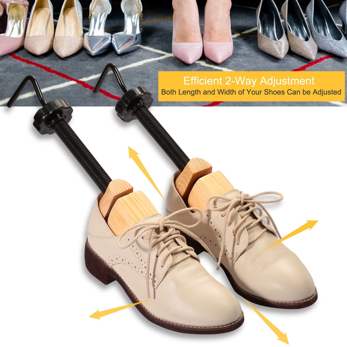 Shoe stretcher with adjustable two-way mechanism, designed to widen and lengthen shoes, shown with a pair of beige leather shoes and various high-heeled shoes in the background.