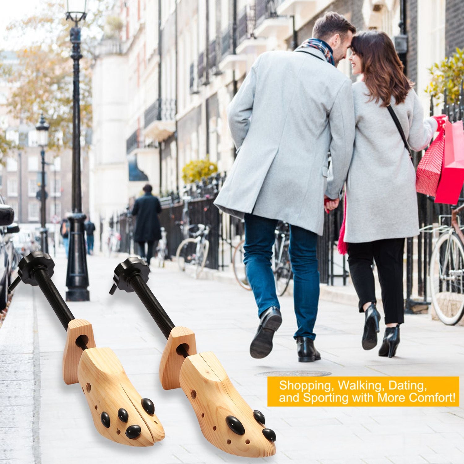 Wooden shoe trees for maintaining footwear shape, displayed in front of a couple walking hand-in-hand, promoting comfort for shopping, walking, and sporting activities.