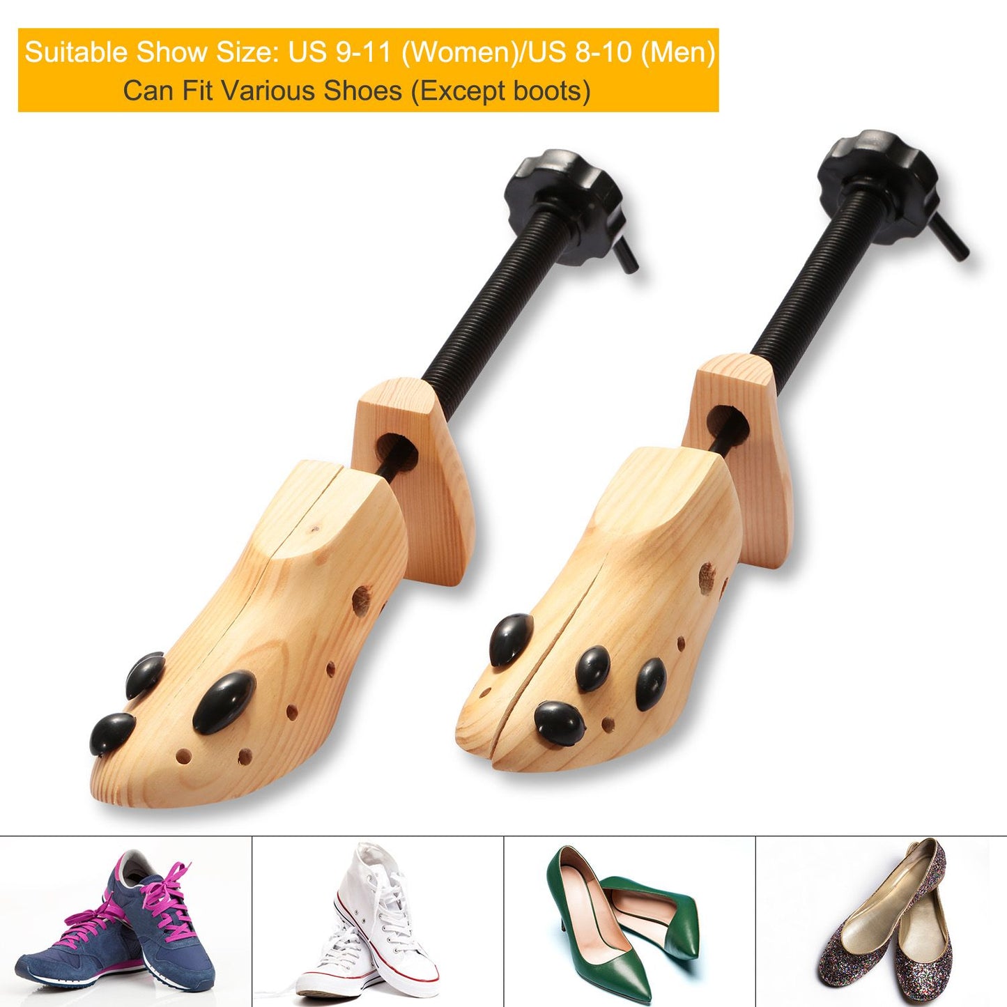 Wooden shoe tree stretchers suitable for women’s US sizes 9-11 and men's US sizes 8-10, designed to fit various shoe styles except boots, featuring adjustable mechanisms for optimal fit.