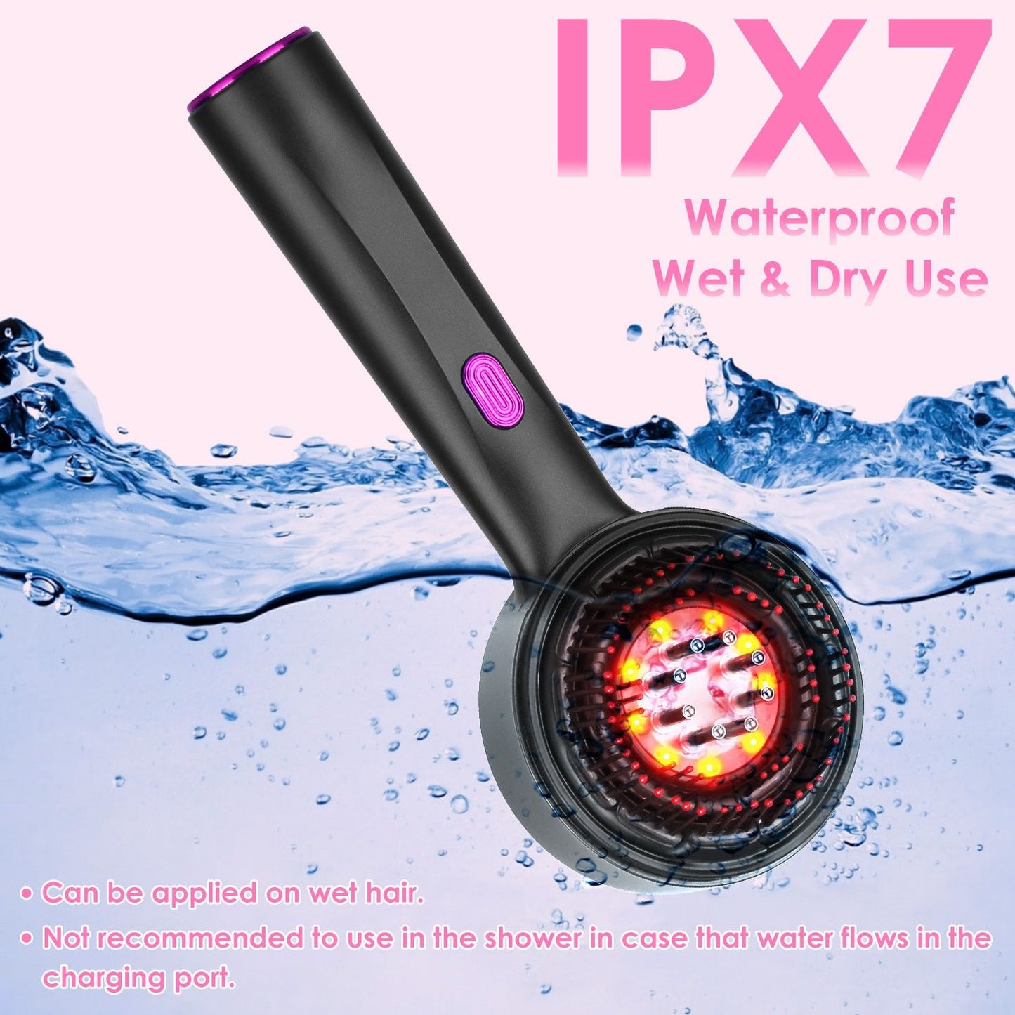 IPX7 waterproof hair tool for wet and dry use, featuring a sleek design with a power button and LED lights, submerged in water to showcase its functionality.