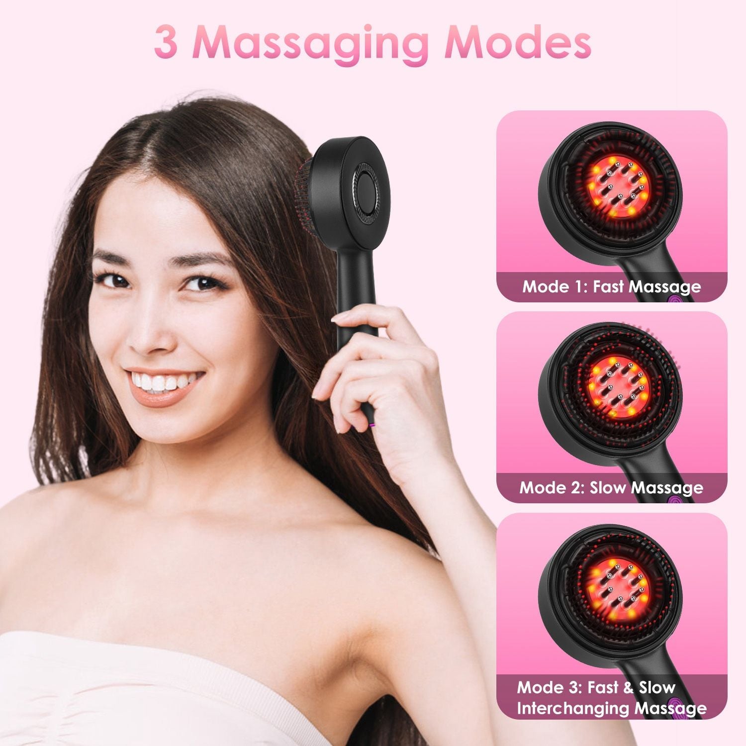 Electric massager brush with three modes for fast, slow, and interchanging massages, set against a soft pink background.