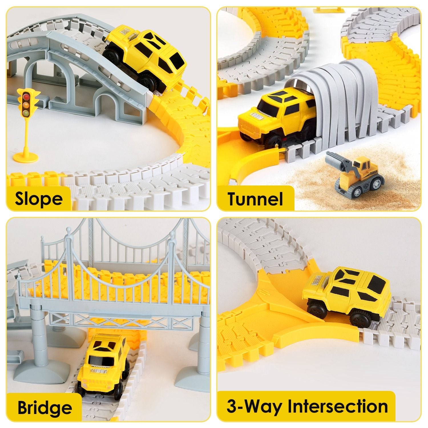 Colorful toy vehicle track set featuring various designs: slope, tunnel, bridge, and 3-way intersection, with yellow toy cars and construction vehicle, ideal for imaginative play.