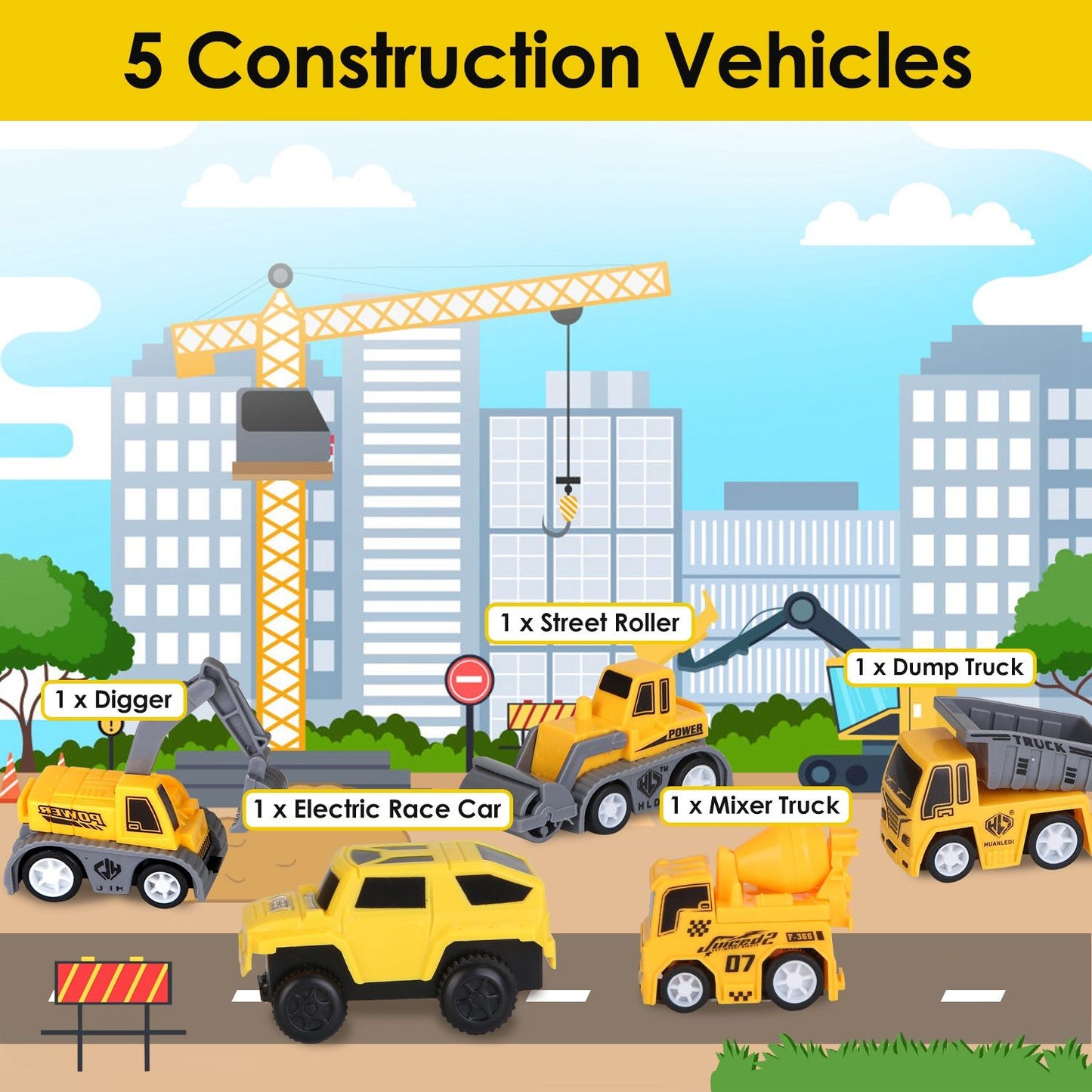 Colorful illustration featuring five construction vehicles including a digger, electric race car, street roller, dump truck, and mixer truck on a city street with a crane and buildings in the background.