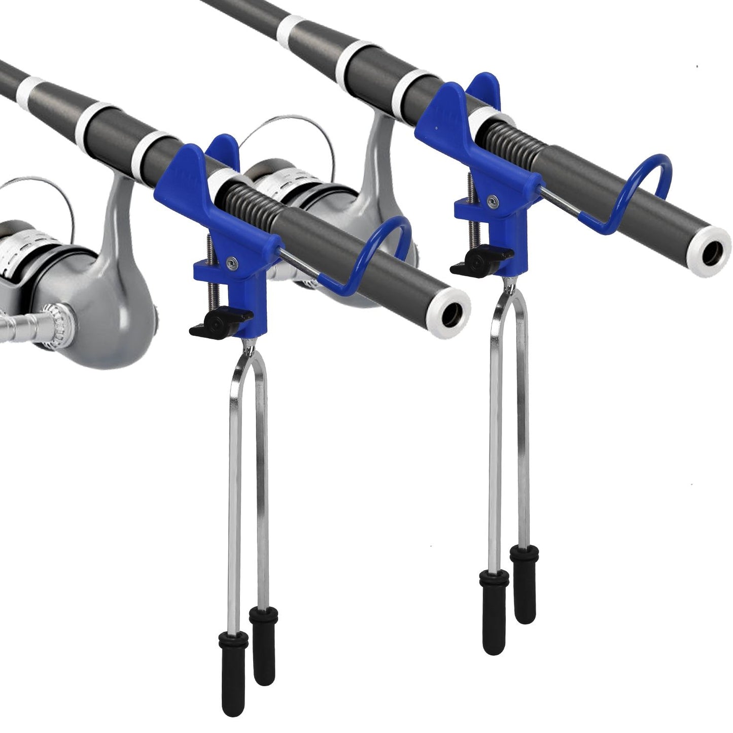 Fishing rod holder with blue clamps and silver support legs, designed for securing two fishing rods for hands-free use.