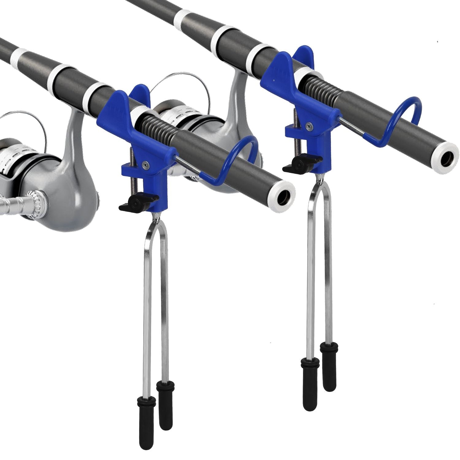 Fishing rod holder with blue clamps and silver support legs, designed for securing two fishing rods for hands-free use.