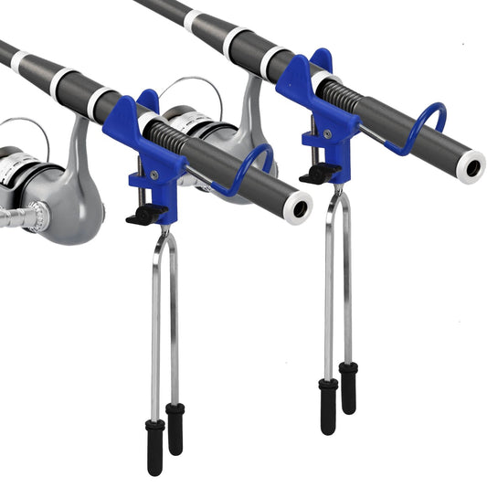 Fishing rod holder with blue clamps and silver support legs, designed for securing two fishing rods for hands-free use.