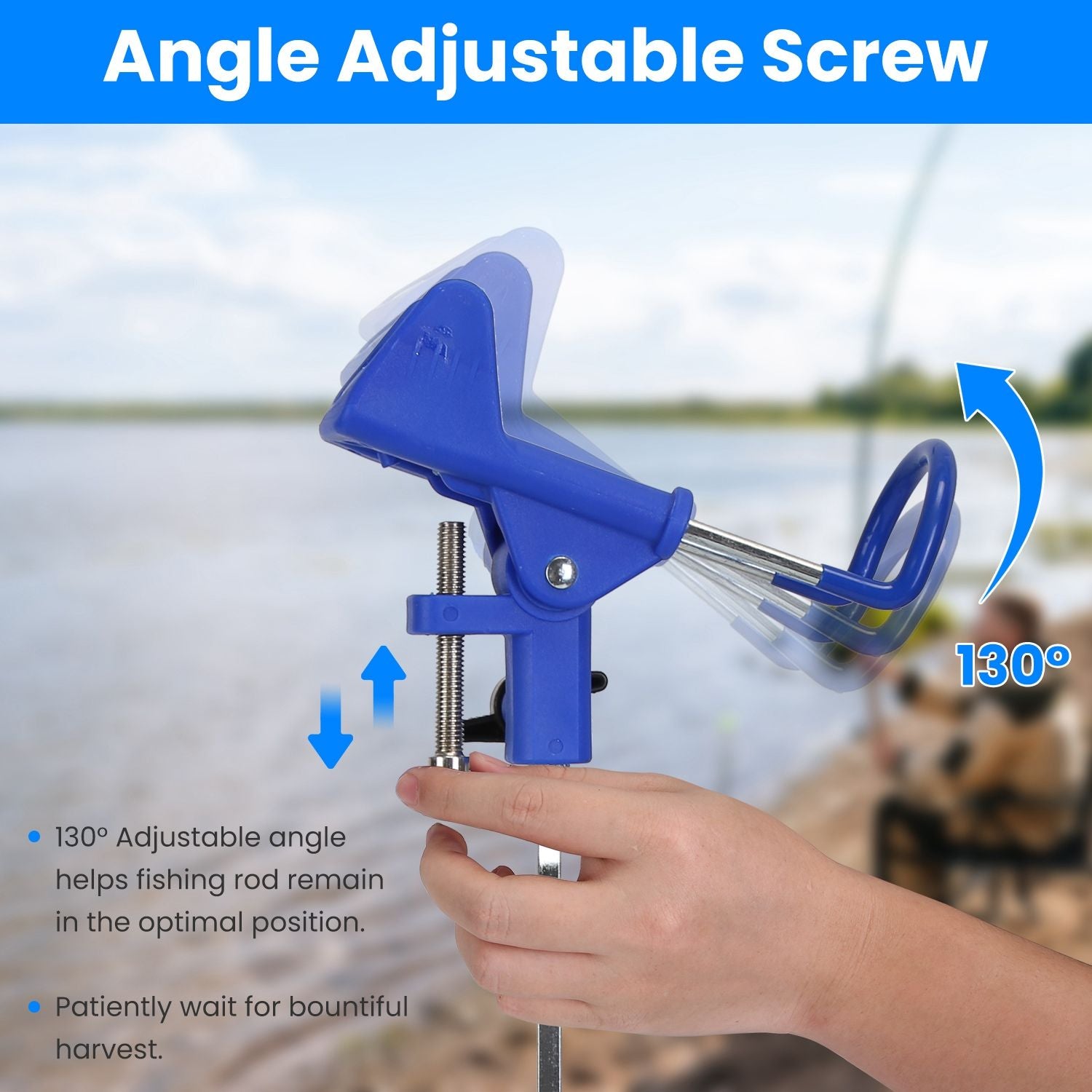 Angle adjustable fishing rod holder with a 130° tilt feature, held by a person near a lake, promoting optimal positioning for improved fishing performance.
