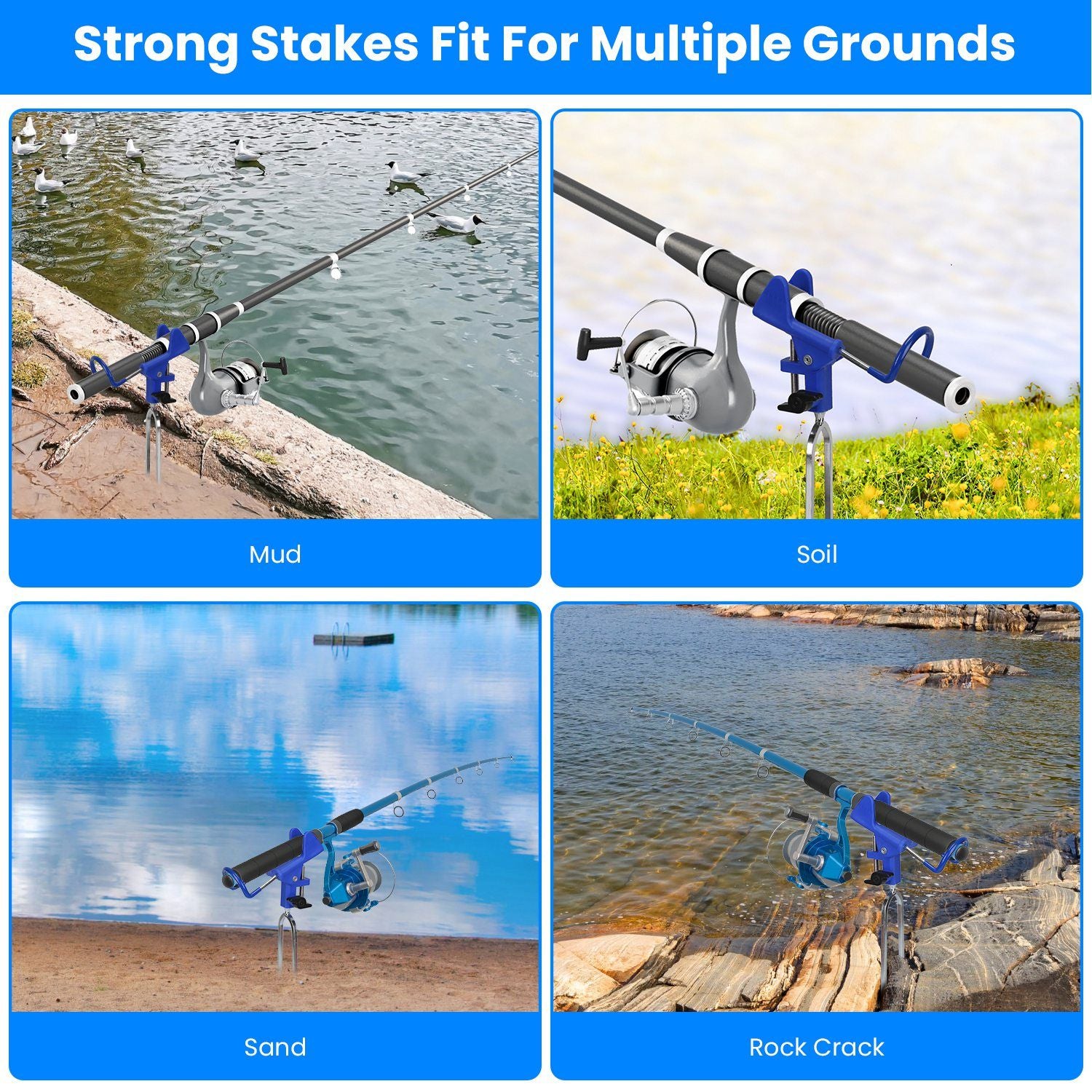 Fishing rod holder with strong stakes designed for multiple terrains including mud, soil, sand, and rock, showcasing versatility for anglers.