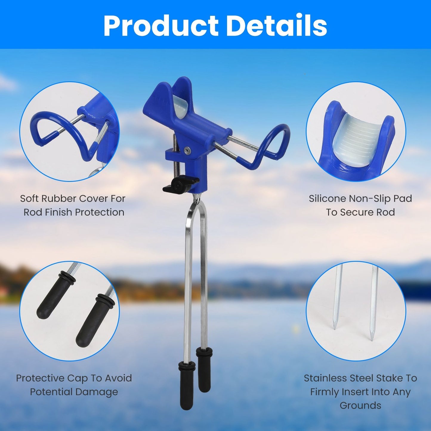 Adjustable fishing rod holder with soft rubber cover, silicone non-slip pad, protective caps, and stainless steel stakes for stability on any ground.