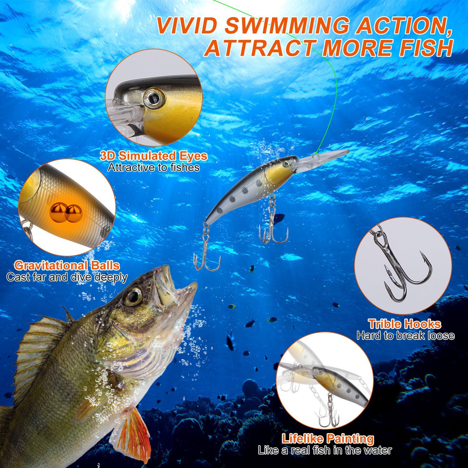 Vibrant fishing lure with 3D simulated eyes, gravitational balls for deep diving, and treble hooks, showcased underwater to attract fish.