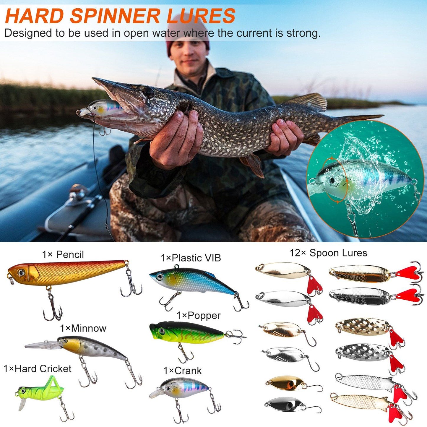 Fishing enthusiast displaying a freshly caught pike while showcasing a variety of hard spinner lures, including pencils, minnows, and spoon lures, perfect for strong current conditions in open water.