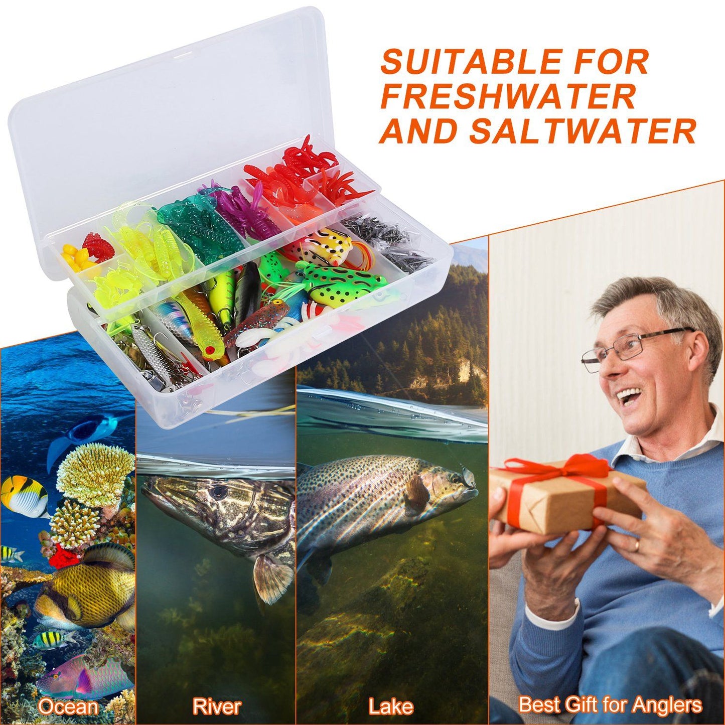 Fishing lure tackle box with a variety of colorful lures and soft baits, suitable for both freshwater and saltwater fishing.