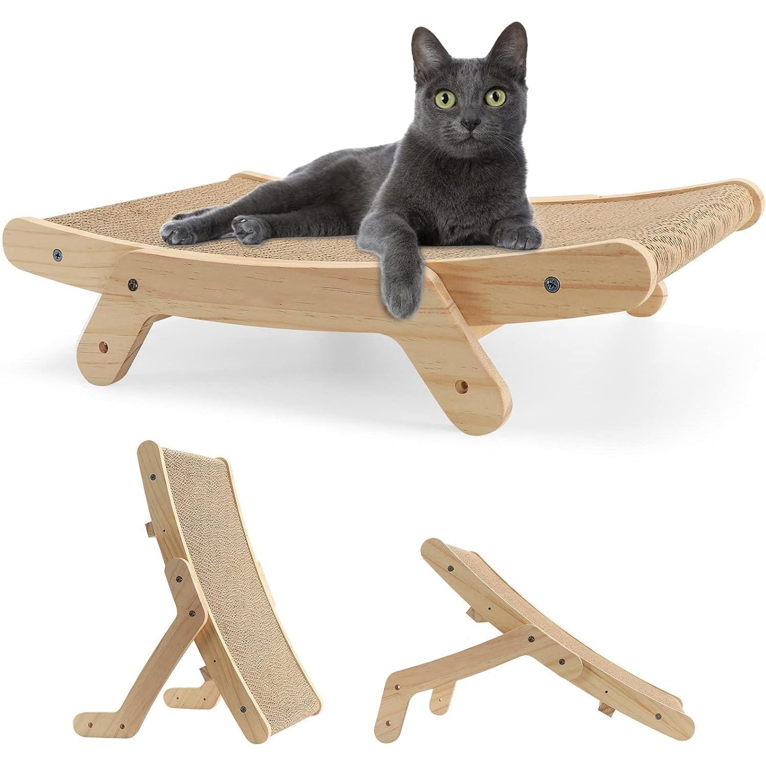 Stylish wooden cat scratcher with a lounging area, featuring a playful gray cat relaxing on the surface.