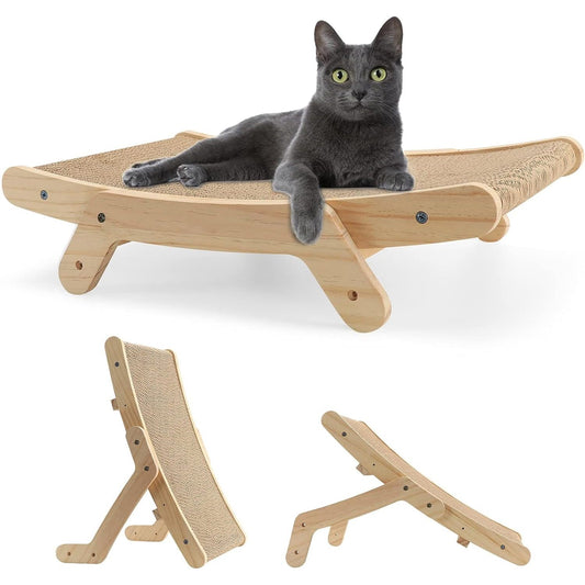 Stylish wooden cat scratcher with a lounging area, featuring a playful gray cat relaxing on the surface.