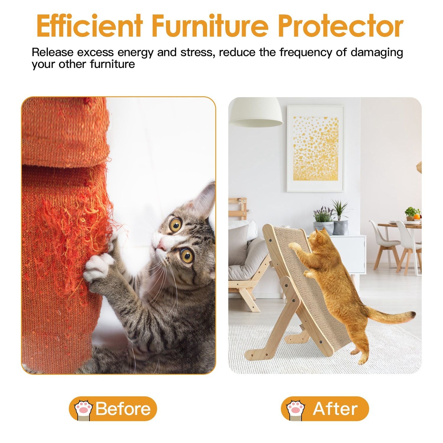 Image comparison of a cat scratching furniture, showing a damaged orange fabric couch on the left and a sturdy scratching post with a playful orange cat on the right, illustrating the benefits of using an efficient furniture protector.