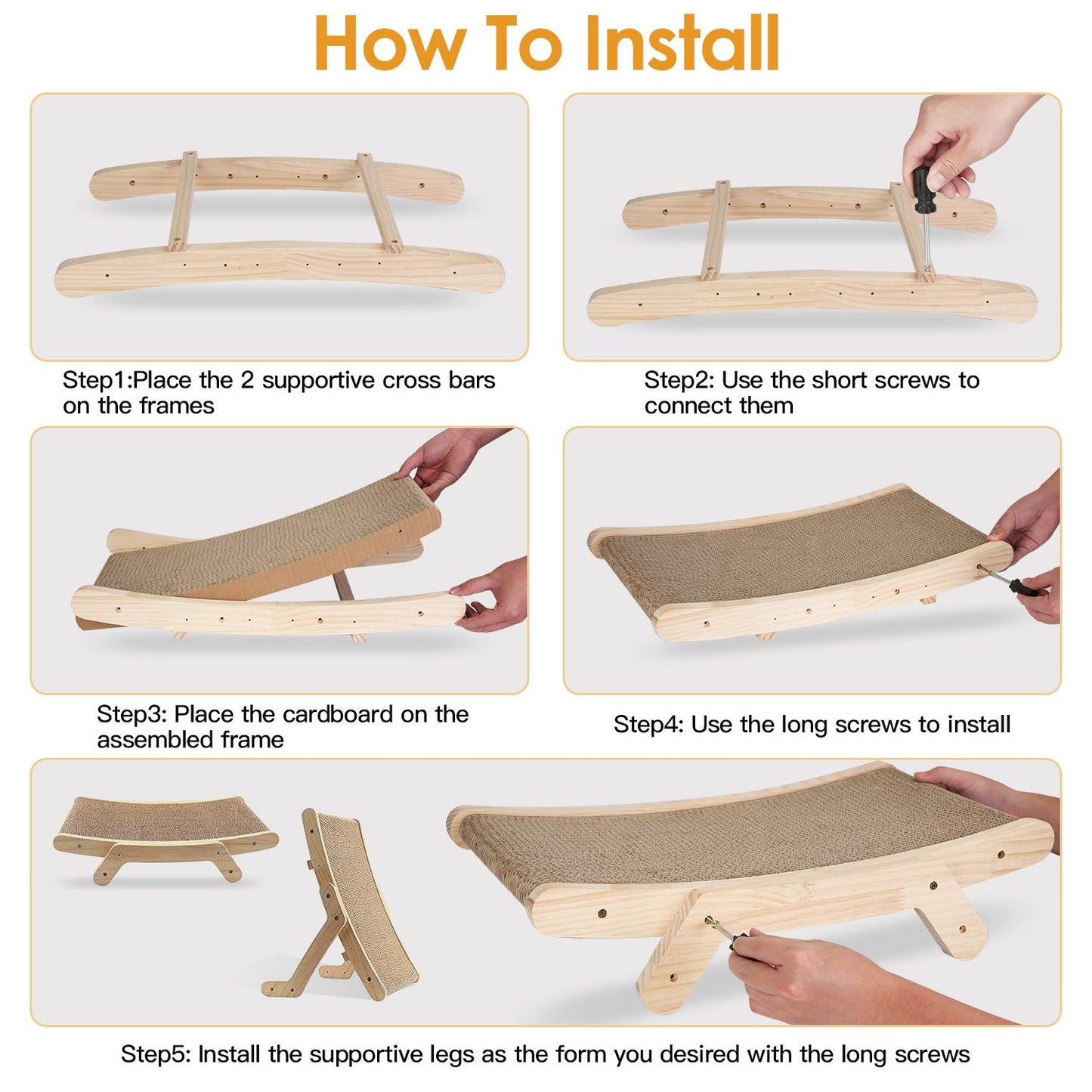 Installation guide for a wooden cat scratcher featuring five clear steps: assembling crossbars, connecting with screws, placing the cardboard, and attaching supportive legs for stability.