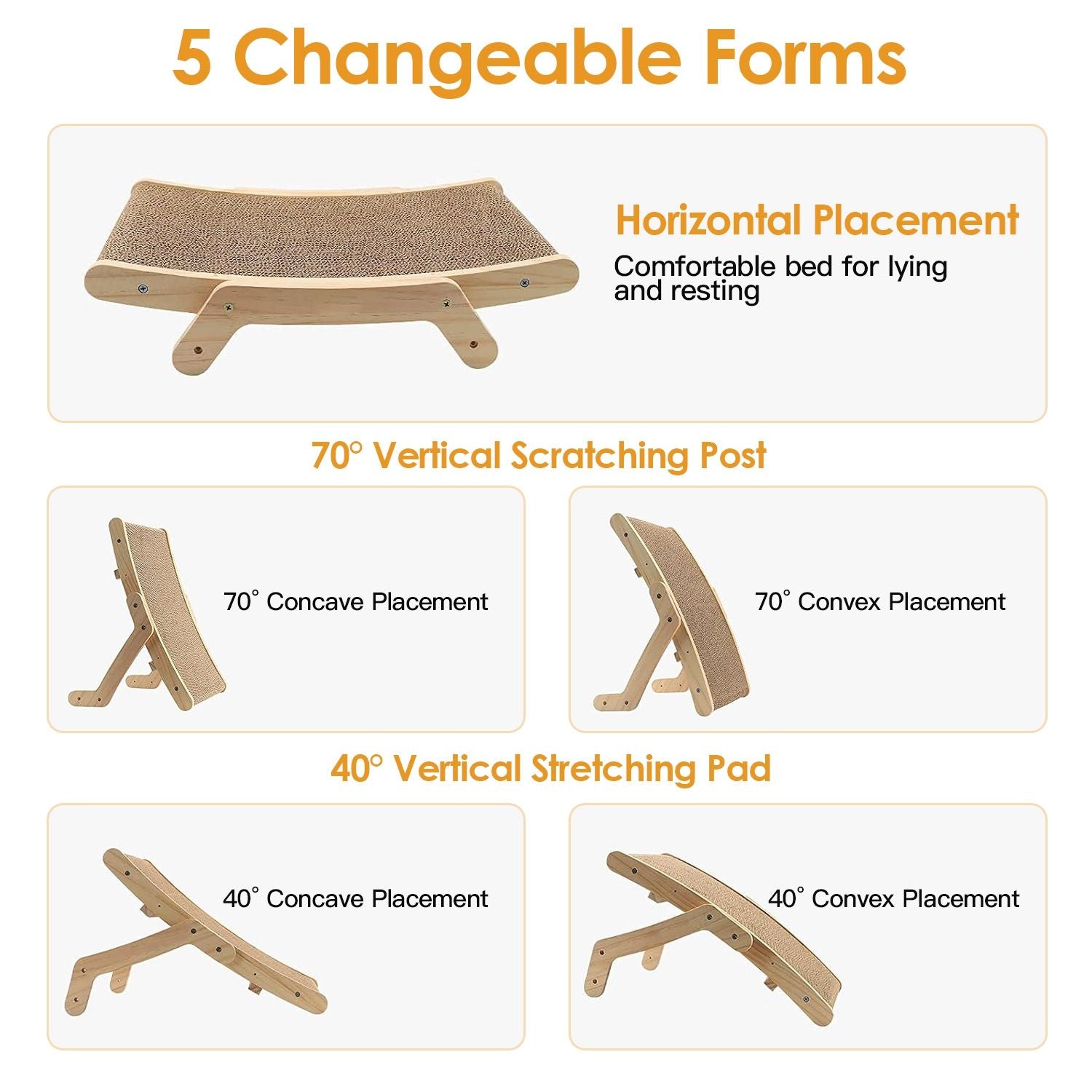 5-in-1 cat scratching and resting post featuring various adjustable placements: horizontal bed, 70° vertical scratching post (concave and convex), and 40° vertical stretching pad (concave and convex) for versatile use.