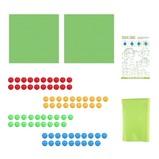 Colorful building kit featuring green construction sheets, assorted plastic connectors in red, orange, green, and blue, a design guide, and a storage bag for creative play and construction activities.