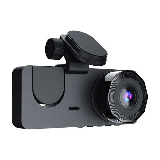 Sleek black car dash cam with a wide-angle lens and magnetic mount, designed for high-definition video recording and easy installation.