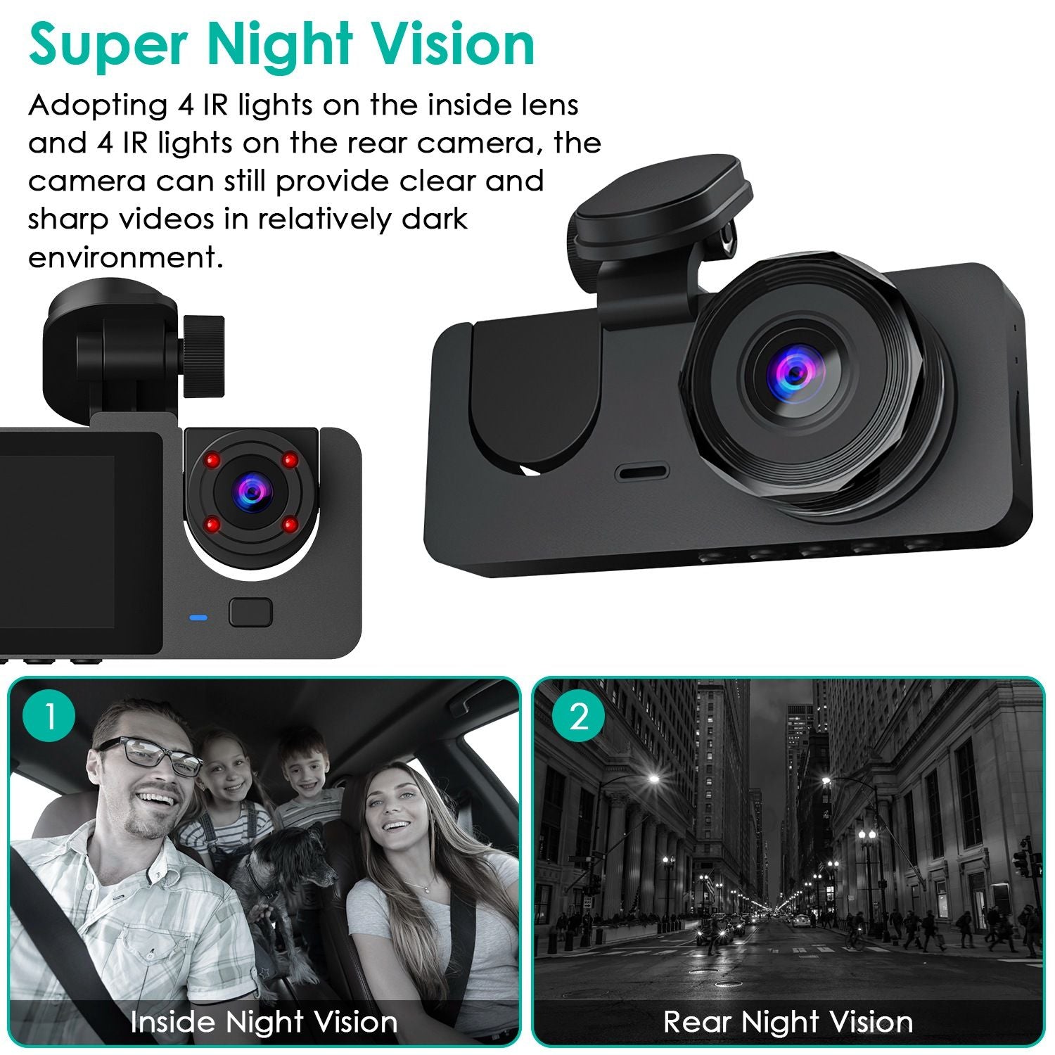 Car dash camera with super night vision technology, featuring dual IR lights for clear nighttime recording; image includes a view of inside and rear night vision footage.