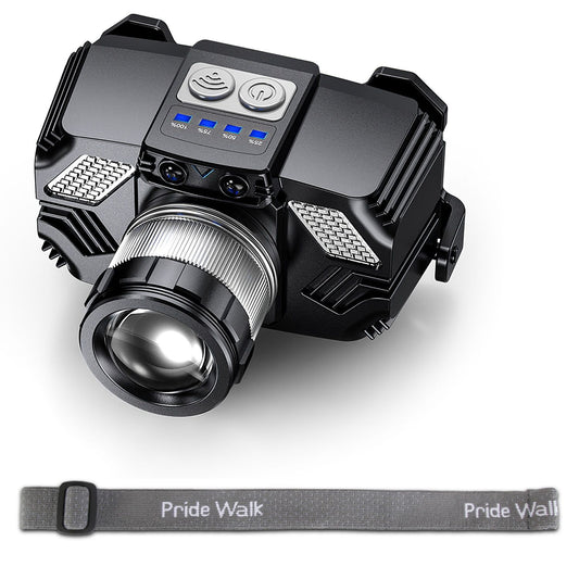 Compact black camera with advanced controls and a prominent lens, accompanied by a gray Pride Walk strap for easy handling.