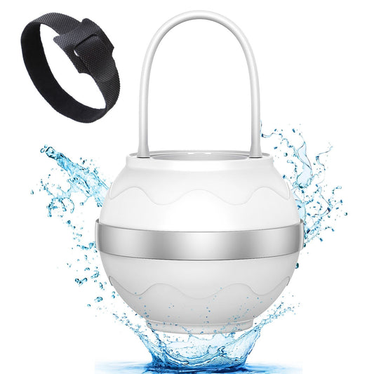 Portable white round water bottle with a silver band and a black strap, featuring water splashes for a refreshing look.
