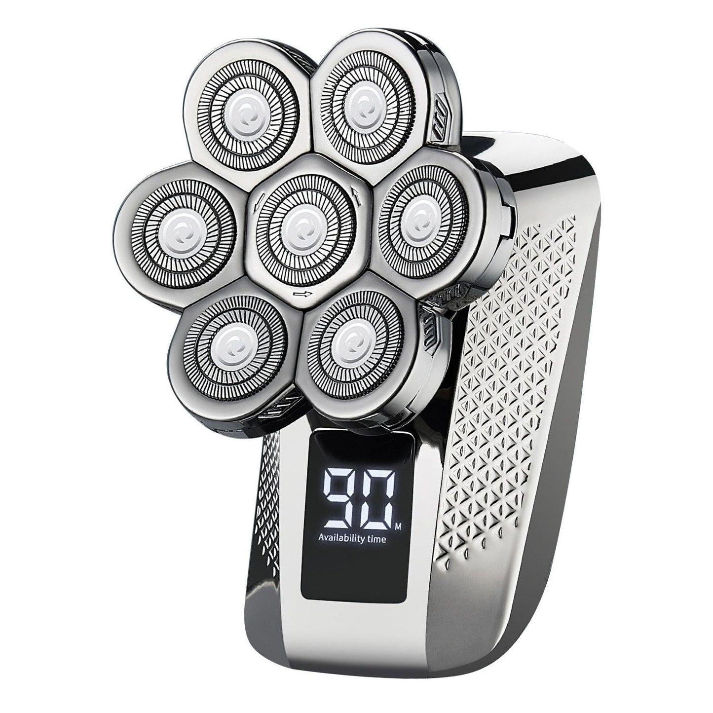 Electric rotary shaver with six rotating heads and digital display showing 90 minutes of availability, designed for a close and comfortable shave.