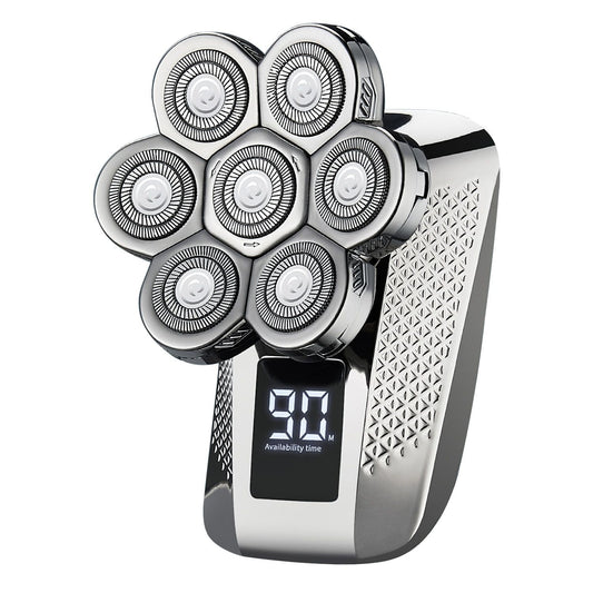 Electric rotary shaver with six rotating heads and digital display showing 90 minutes of availability, designed for a close and comfortable shave.