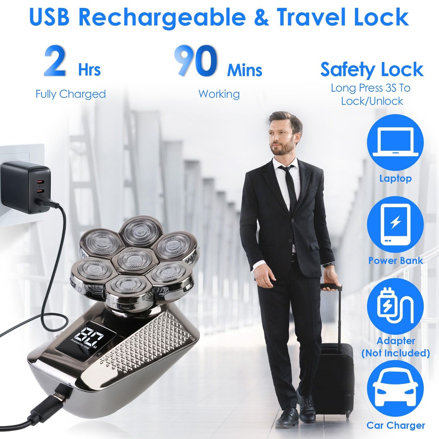 Electric razor with USB rechargeable feature, safety lock, and 90-minute cordless operation, shown next to a man in a suit traveling with a suitcase.