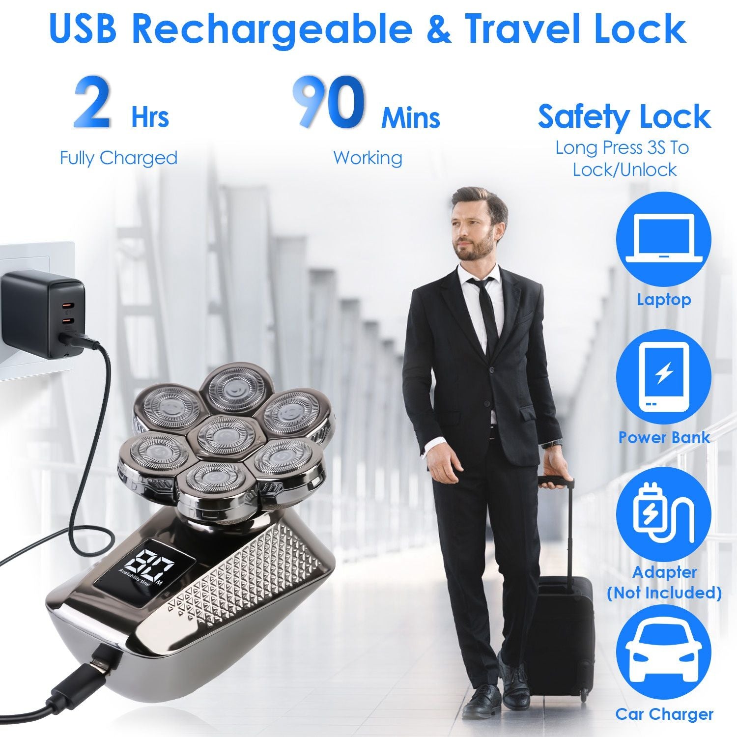 Electric razor with USB rechargeable feature, safety lock, and 90-minute cordless operation, shown next to a man in a suit traveling with a suitcase.