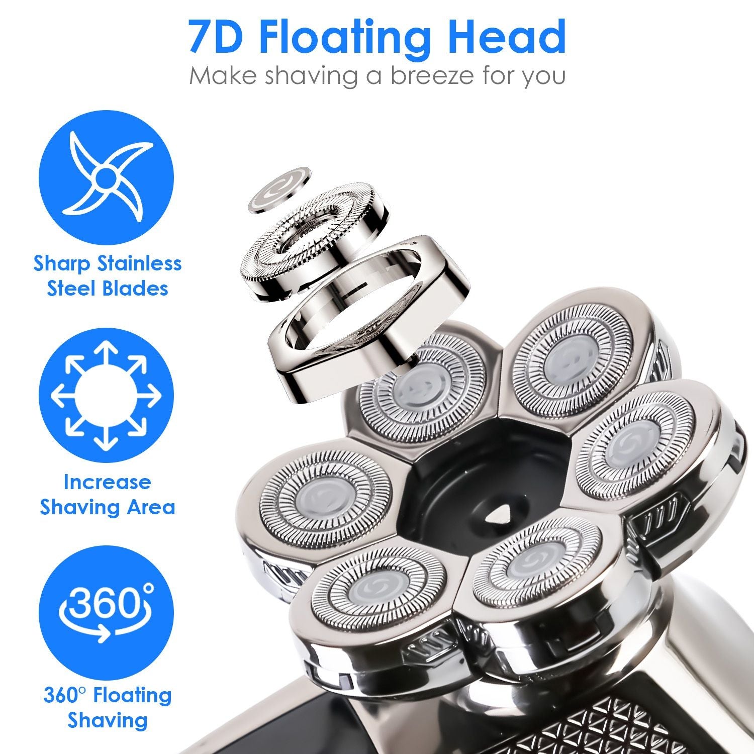 7D floating head razor with sharp stainless steel blades for enhanced shaving efficiency and 360° mobility.