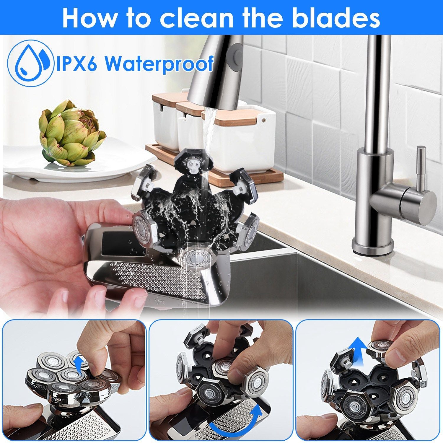 Close-up of a waterproof electric shaver head being cleaned under a faucet, demonstrating the easy maintenance process, with visuals showing how to detach and clean the blades effectively.