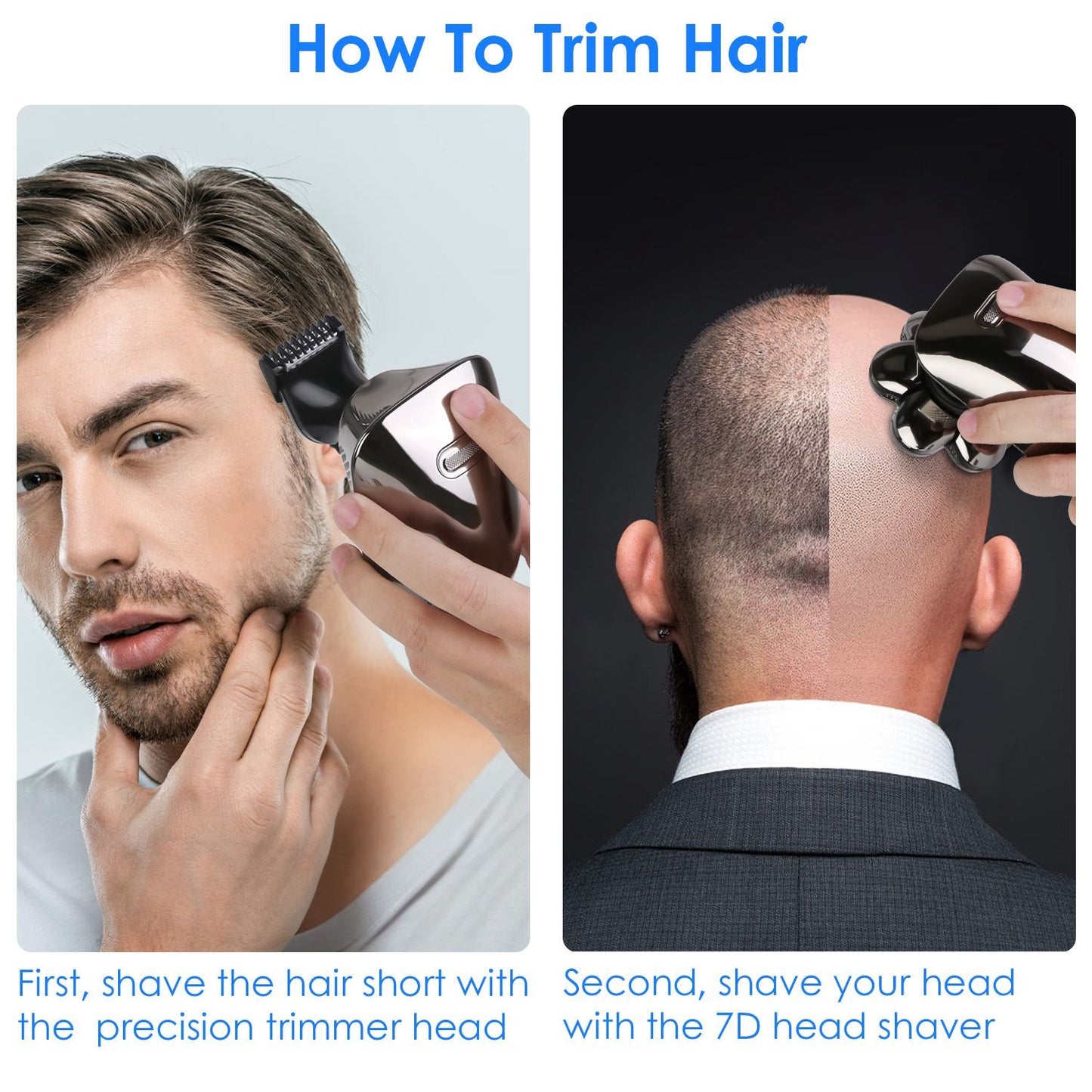 Precision hair trimming tutorial image showing two steps: first, using a precision trimmer on the sideburn area, and second, using a 7D head shaver for a smooth bald look.