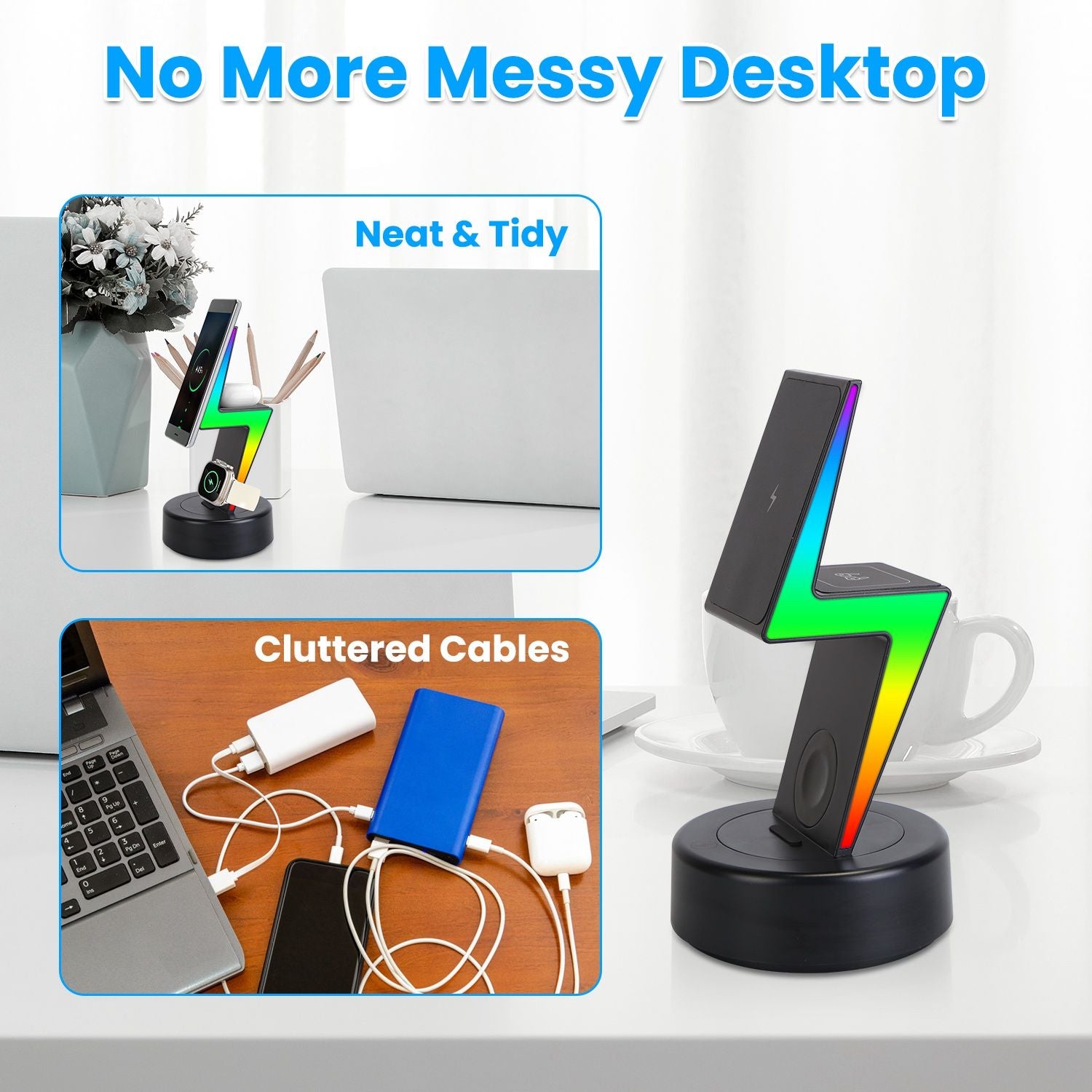 Desktop cable organizer with vibrant lightning bolt design, showcasing a neat setup and minimizing clutter.