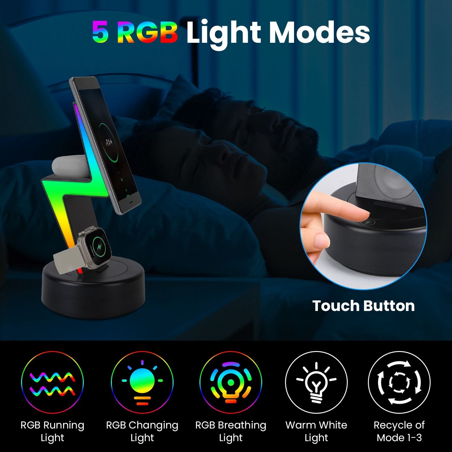 RGB phone and smartwatch charging station featuring five dynamic light modes, including running, changing, and breathing lights, with a touch button for easy control.