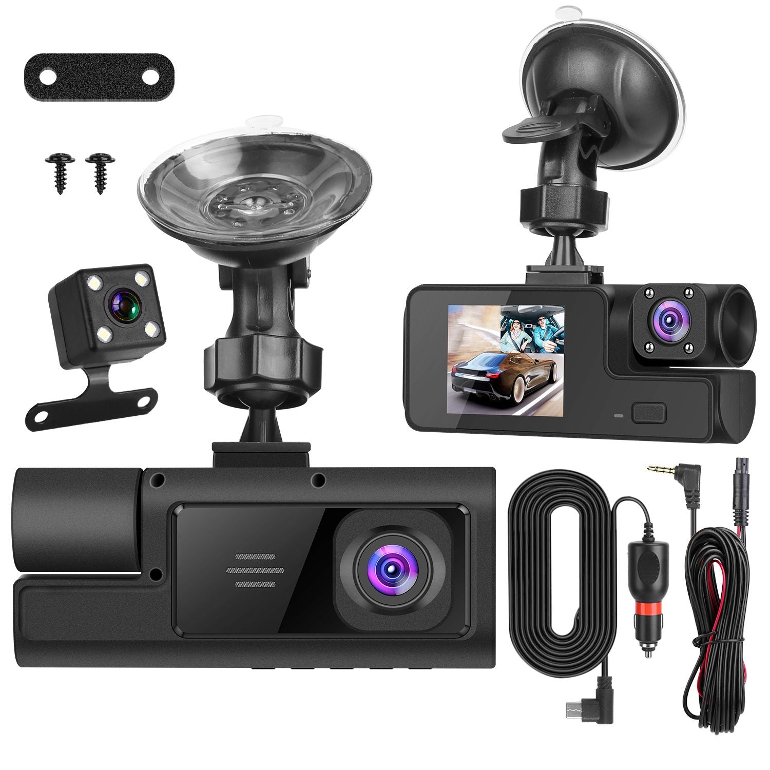 Car dashboard camera kit featuring a front camera with a display screen, rearview camera, mounting suction cup, power cable, and installation screws, designed for vehicle security and recording.