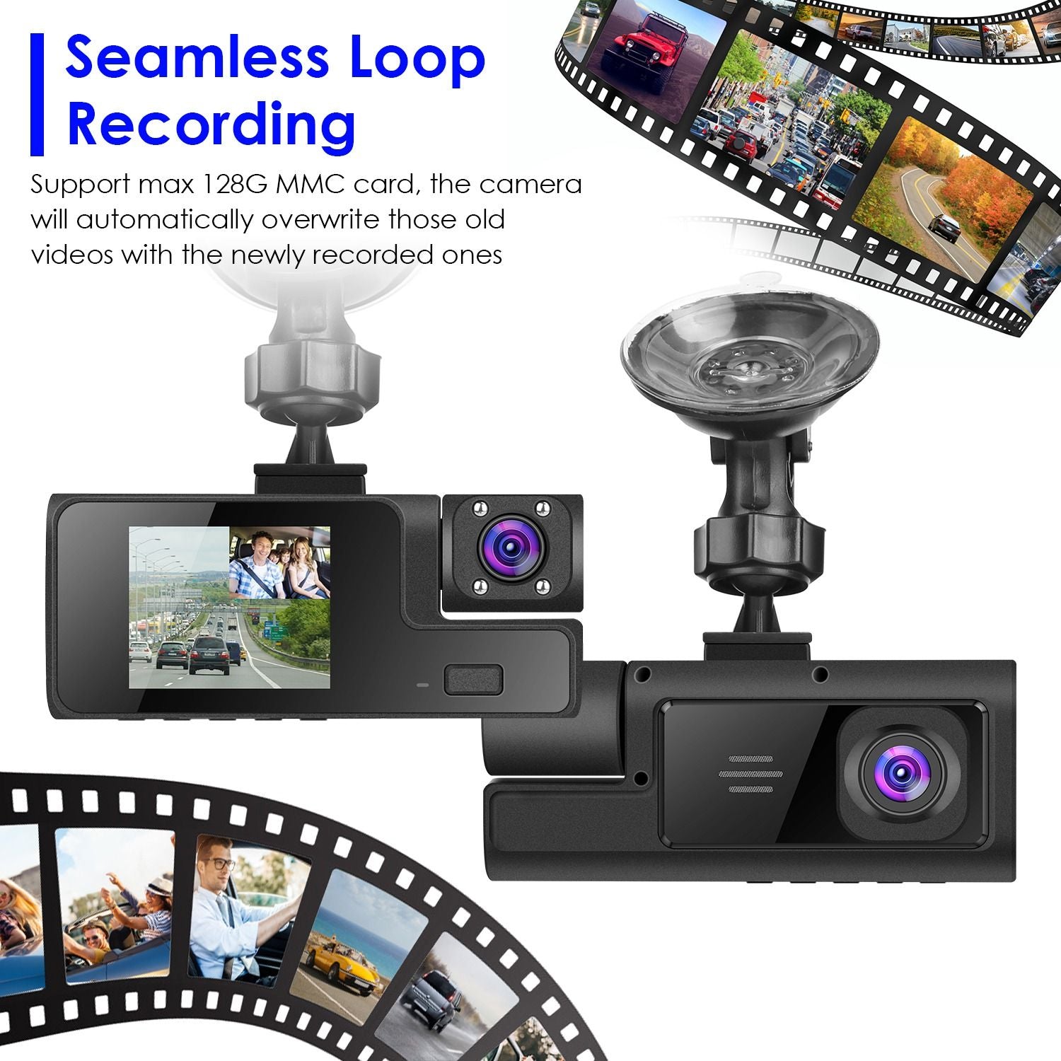 Car dashboard camera featuring a display screen and dual lenses for seamless loop recording; ideal for automotive safety and monitoring.