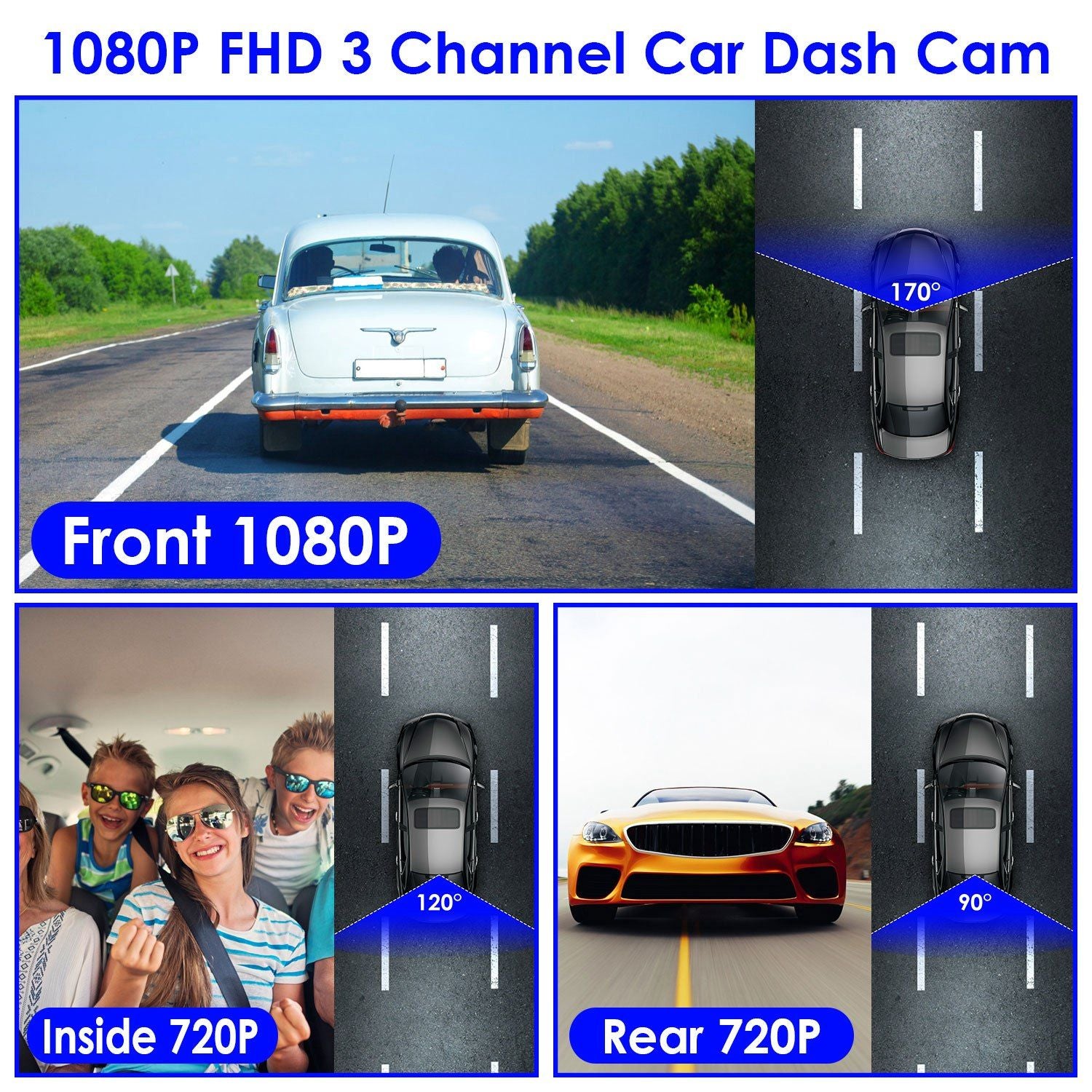 1080P FHD 3 Channel Car Dash Cam featuring front view at 1080P, inside view at 720P, and rear view at 720P with wide-angle lenses for enhanced safety and security on the road.