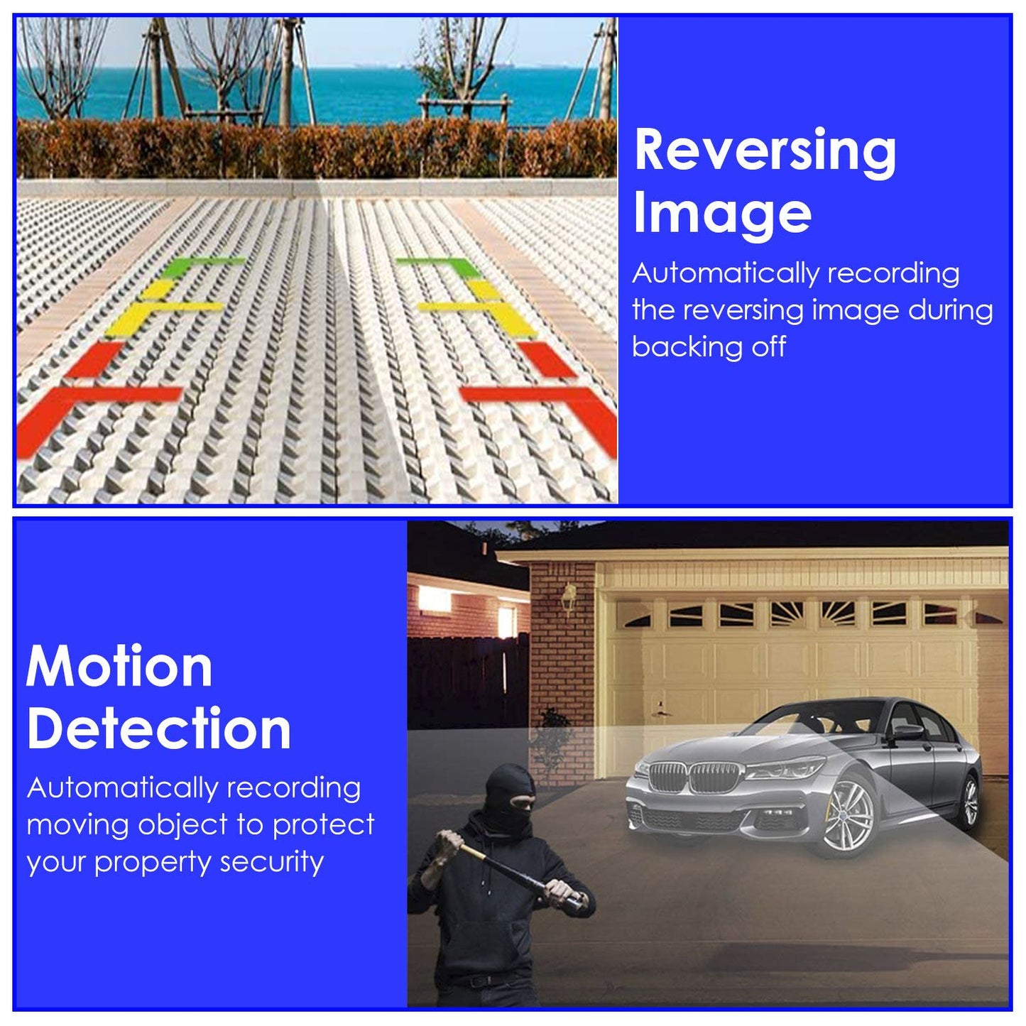 Product image showcasing a reversing camera system with features like automatic reversing image recording and motion detection for enhanced property security, displayed with colorful graphics and real-world application examples.